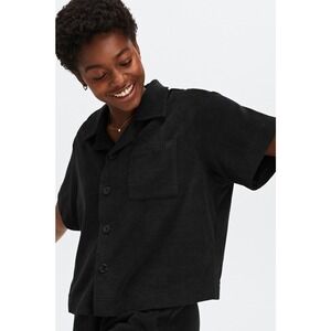Fabletics Womens Island Terry Boxy Button‎ Up Shirt Black Size XXL Relaxed NWT